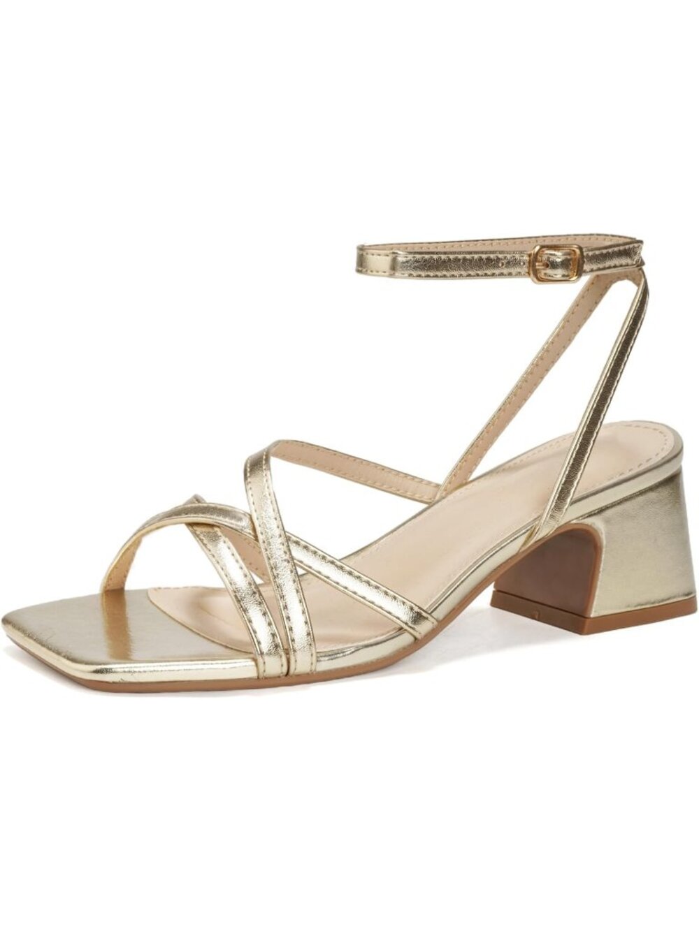 Women's Gold Toe Low Block Ankle Strap Square Open Chunky Heeled Sandals